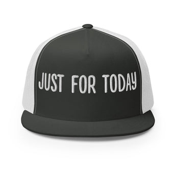 Just For Today Trucker Cap – Breathable Style, Powerful Message - Charcoal/ White 5 Panel Trucker Hat - Sobervation