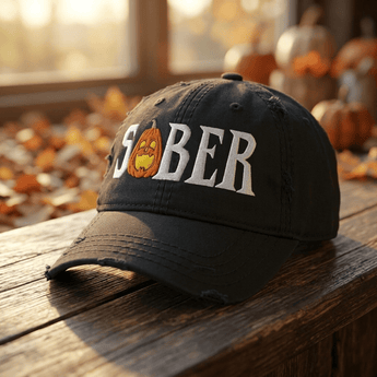 Limited Edition Halloween Sober Pumpkin Embroidered Distressed Dad Hat -Black Distressed Dad Hat - Sobervation