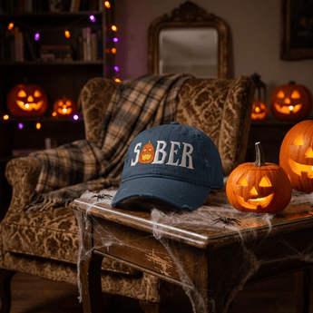 Limited Edition Halloween Sober Pumpkin Embroidered Distressed Dad Hat -Navy Distressed Dad Hat - Sobervation