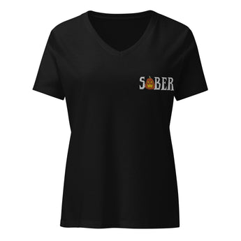 Limited Edition Halloween Sober Pumpkin Embroidered Women's Relaxed V - Neck Tee - S Embroidered T Shirt - Sobervation