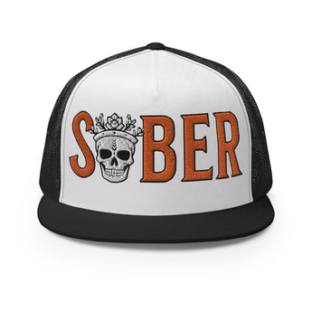 Limited Edition Halloween Sober Skull Embroidered Trucker Cap - Black/ White/ Black Trucker Hat - Sobervation