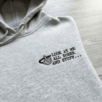 Look At Me All Sober And Stuff | Embroidered Unisex Heavy Blend Hoodie | Gildan 18500 -Ash Embroidered Hoodie - Sobervation