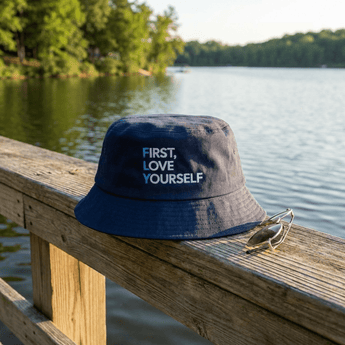 Love Yourself Embroidered Bucket Hat – Fly Design Recovery Hat - Navy Bucket Hat - Sobervation