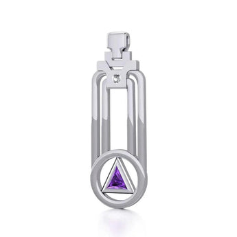 Geometric Recovery Sterling Silver Pendant – Triangle Gemstone Sobriety Jewelry TPD5356 - Genuine Amethyst and White Cubic Zirconia | Sobervation