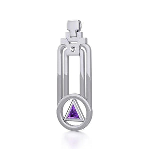 Geometric Recovery Sterling Silver Pendant – Triangle Gemstone Sobriety Jewelry TPD5356 - Genuine Amethyst and White Cubic Zirconia | Sobervation