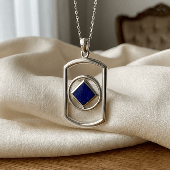 NA Recovery Symbol Dog Tag Pendant – Sterling Silver Recovery Jewelry - Synthetic Lapis Pendant - Sobervation