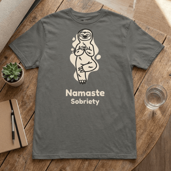 Namaste Sobriety Essential Tee | Sloth Yoga Recovery T-Shirt | Sobervation - Charcoal Graphic Print T Shirt - Sobervation