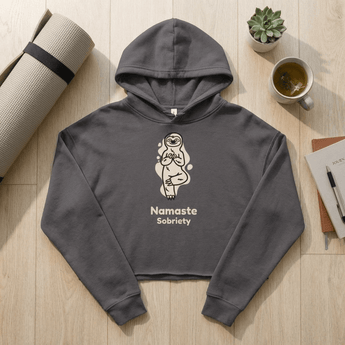 Namaste Sobriety Sloth Crop Hoodie - Women's Inner Peace Recovery Apparel - Storm / S | Sobervation