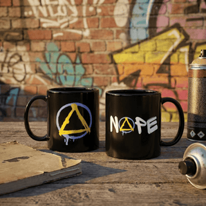 NOPE Blue & Yellow Graffiti Sobriety Symbol Black Glossy Mug – Streetwear Recovery Coffee Mug - 11 oz Mug - Sobervation
