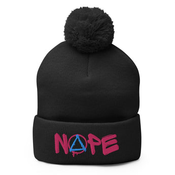 NOPE Pink Graffiti Embroidered Pom-Pom Beanie – Sobriety Symbol Winter Hat - Black | Sobervation