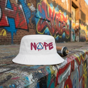 NOPE Pink Graffiti Embroidered Bucket Hat – Sobriety Symbol Sun Hat - White Bucket Hat - Sobervation