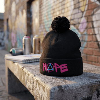 NOPE Pink Graffiti Embroidered Pom - Pom Beanie – Sobriety Symbol Winter Hat - Black Pom Pom Beanie - Sobervation