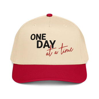 One Day at a Time Embroidered 5-Panel Mid-Profile Baseball Cap - Recovery Streetwear - Red/Natural | Sobervation