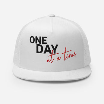 One Day at a Time Embroidered 5-Panel Trucker Cap - Recovery Streetwear - White | Sobervation