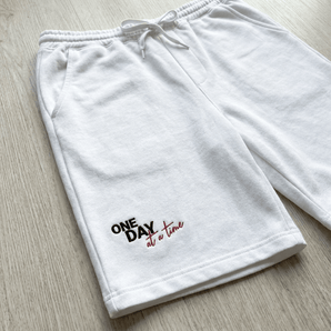 One Day at a Time Embroidered Men's Fleece Shorts - Recovery Streetwear - White Men's Fleece Shorts - Sobervation