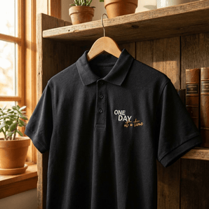 One Day at a Time Embroidered Polo Shirt | Premium Recovery Apparel | Sobervation - Black Embroidered Pique Polo Shirt - Sobervation