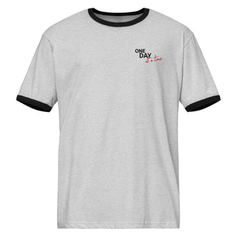 One Day at a Time Embroidered Unisex Ringer Tee - Recovery Streetwear - Heather Gray / Black / S | Sobervation