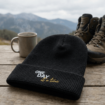 One Day at a Time - Embroidered Waffle Beanie | Recovery Headwear - Black Waffle Beanie - Sobervation
