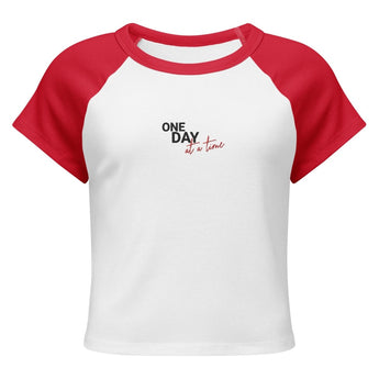 One Day at a Time Embroidered Women's Micro Rib Raglan Baby Tee - White/Red / M | Sobervation