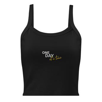 One Day at a Time Embroidered Women's Micro-Rib Tank Top - Solid Black Blend / XS | Sobervation