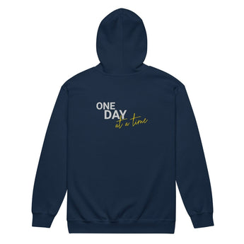 One Day At A Time Embroidered Zip Hoodie - Navy / S | Sobervation