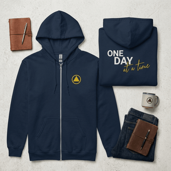 One Day At A Time Embroidered Zip Hoodie -Navy Embroidered Zip Up Hoodie - Sobervation