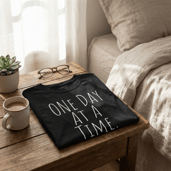 One Day at a Time Essential Tee – Simple Recovery Apparel - Black Graphic Print T Shirt - Sobervation