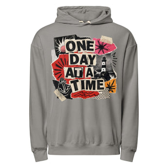 One Day At A Time | Ocean Collage Garment-Dyed Lightweight Hoodie -Grey Garment Dyed Lightweight Hoodie - Sobervation