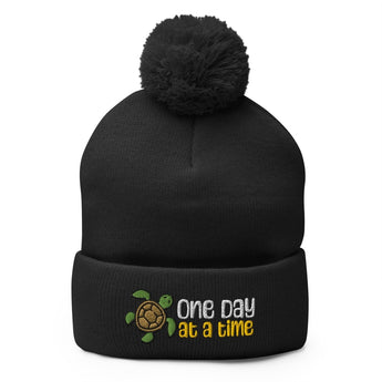 One Day at a Time Pom-Pom Beanie – Turtle Design for Warm Progress - Black | Sobervation