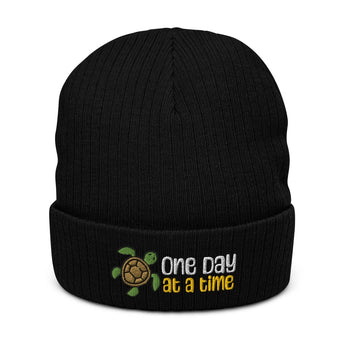 One Day at a Time Ribbed Beanie – Turtle Embroidery for Mindful Progress - Black | Sobervation