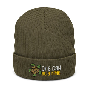 One Day at a Time Ribbed Beanie – Turtle Embroidery for Mindful Progress - Olive | Sobervation