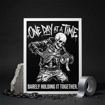 One Day At A Time Sobriety Framed Poster | Skeleton Duct Tape Art | Sober Translations 18x24 - Framed Poster - Sobervation