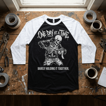 One Day At A Time Sobriety Raglan Shirt | Sober Translations 3/4 Sleeve Recovery Tee - XS 3/4 Sleeve Raglan - Sobervation