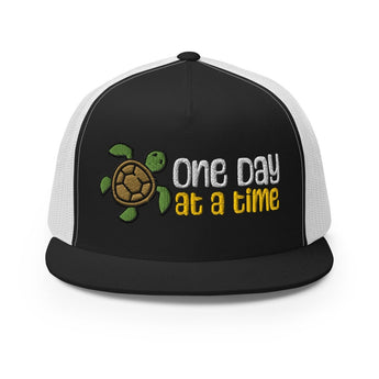 One Day at a Time Trucker Hat – Turtle Embroidery for the Journey - Black/ White | Sobervation