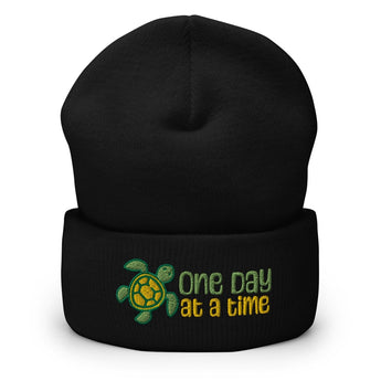 One Day at a Time Turtle Cuffed Beanie – Steady Sobriety Journey - Black | Sobervation