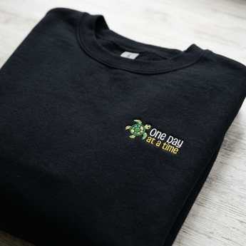 One Day at a Time Turtle Sweatshirt – Comfort with a Meaningful Message - Black Embroidered Sweatshirt - Sobervation