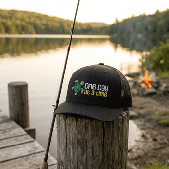 One Day at a Time Turtle Trucker Hat – Steady Sobriety Journey - Black Retro Trucker Hat - Sobervation