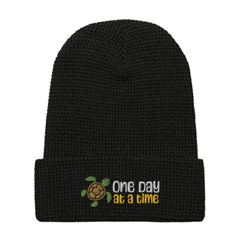 One Day at a Time Waffle Beanie – Turtle Design for Everyday Strength - Black | Sobervation