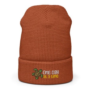 One Day at a Time Waffle Beanie – Turtle Design for Everyday Strength - Black | Sobervation