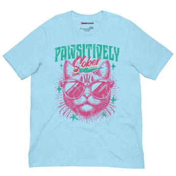 Pawsitively Sober Unisex Tee - Cat Lover Recovery Shirt - Ocean Blue / S | Sobervation
