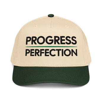 Progress Over Perfection 5-Panel Mid-Profile Baseball Cap – Embroidered Recovery Mindset Hat - Dark Green/Natural | Sobervation