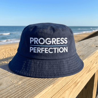 Progress Over Perfection Embroidered Bucket Hat - Navy Bucket Hat - Sobervation
