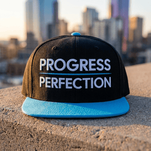 Progress Over Perfection Embroidered Snapback Hat - Aqua blue / Black / Black Classic Snapback - Sobervation