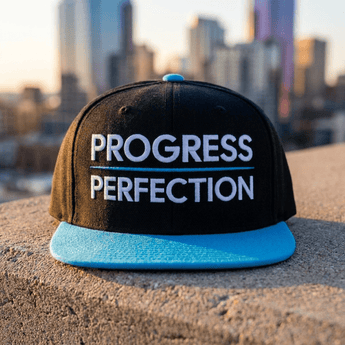 Progress Over Perfection Embroidered Snapback Hat - Aqua blue / Black / Black Classic Snapback - Sobervation