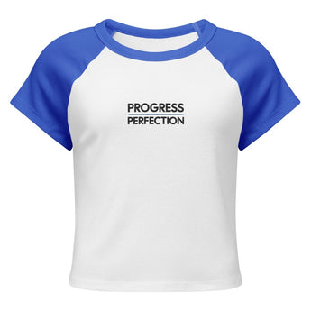 Progress Over Perfection Embroidered Women's Micro Rib Raglan Baby Tee - White /True Royal / M | Sobervation