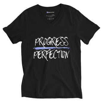 Progress Over Perfection V-Neck Tee – One Step, One Day, One Win - Black / S | Sobervation