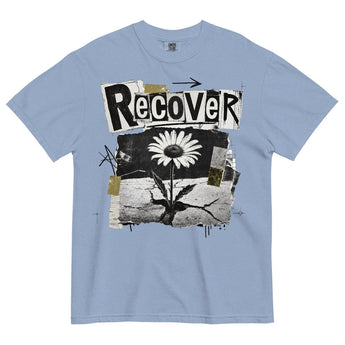 Recover Flower | Growing Through The Cracks | Garment-Dyed Heavyweight Tee -Washed Denim Heavyweight Graphic Print Tee - Sobervation