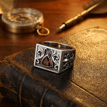 Recovery Fleur - de - Lis Sterling Silver Signet Ring – Men's Sobriety Ring TRI1982 - Genuine Garnet Ring - Sobervation