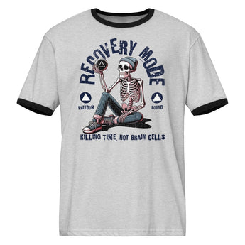 Recovery Mode Ringer Tee – Retro Sobriety Streetwear - Heather Gray / Black / S | Sobervation