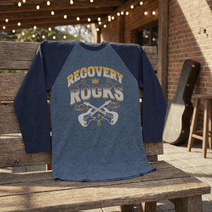 Recovery Rocks Raglan - Jam Out on the Road to Clarity 3/4 Sleeve - Heather Denim/Navy / XS | Sobervation